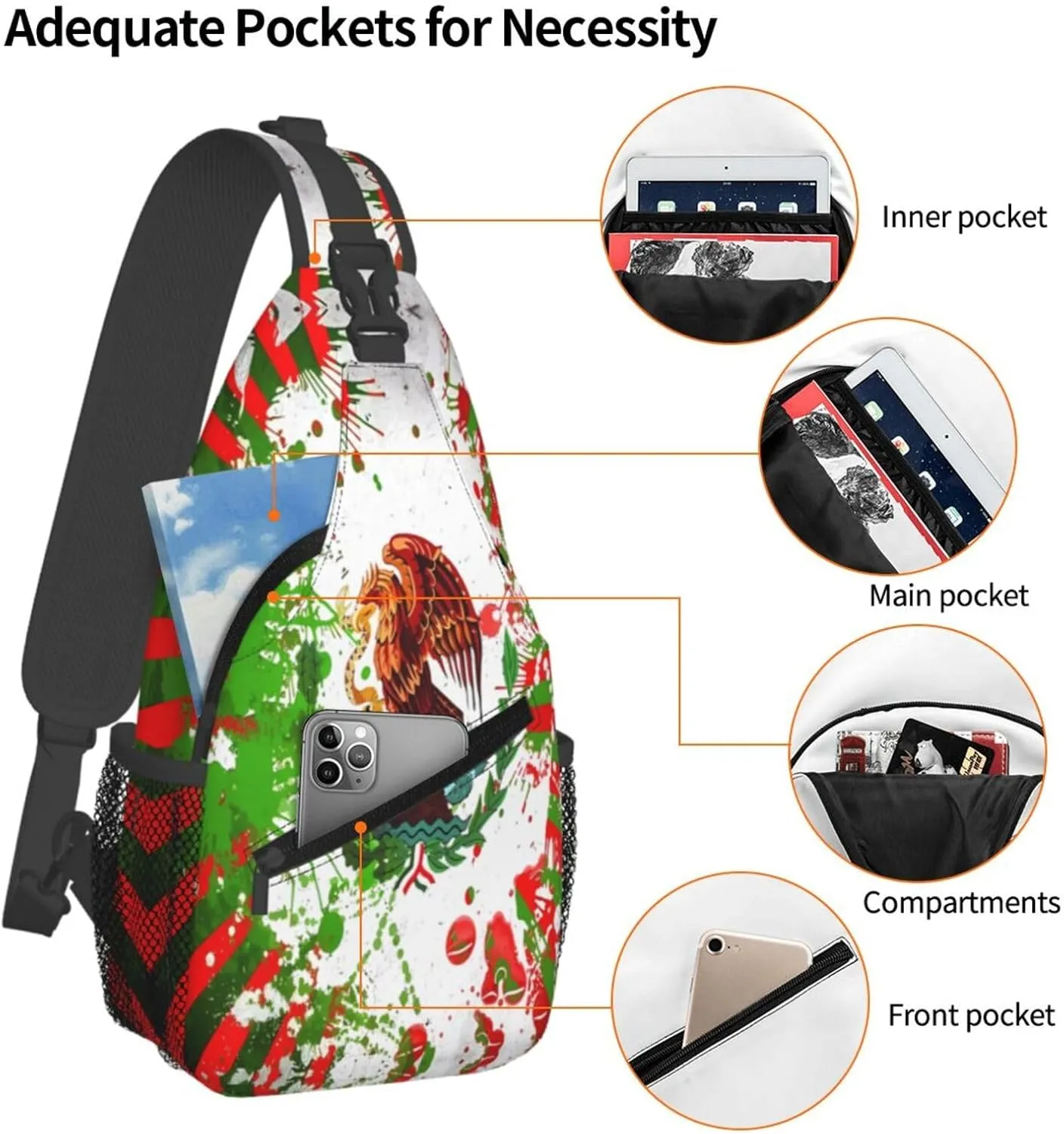 Mexican Flag Viva México Art Crossbody Bags Sling Backpack Cross Chest Bag Sports Shoulder Bag Gym Fanny Pack Adjustable Cycling Daypack Diagonally Rucksack for Running