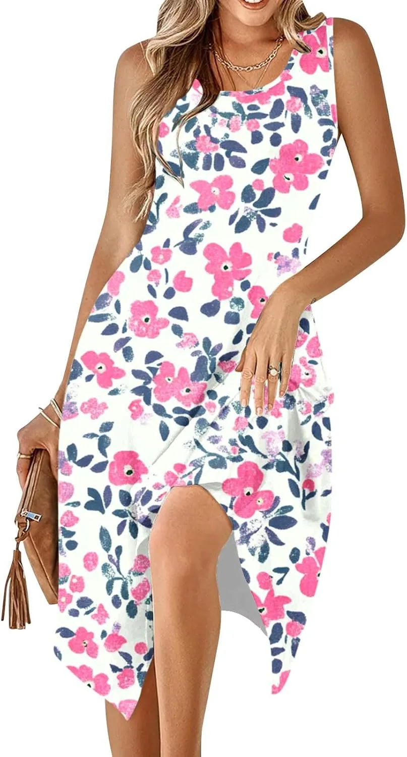Midi Dresses for Women Summer Boho Floral Print Flowy Sleeveless Tank Dress Swing Casual Sundress Beach Vacation