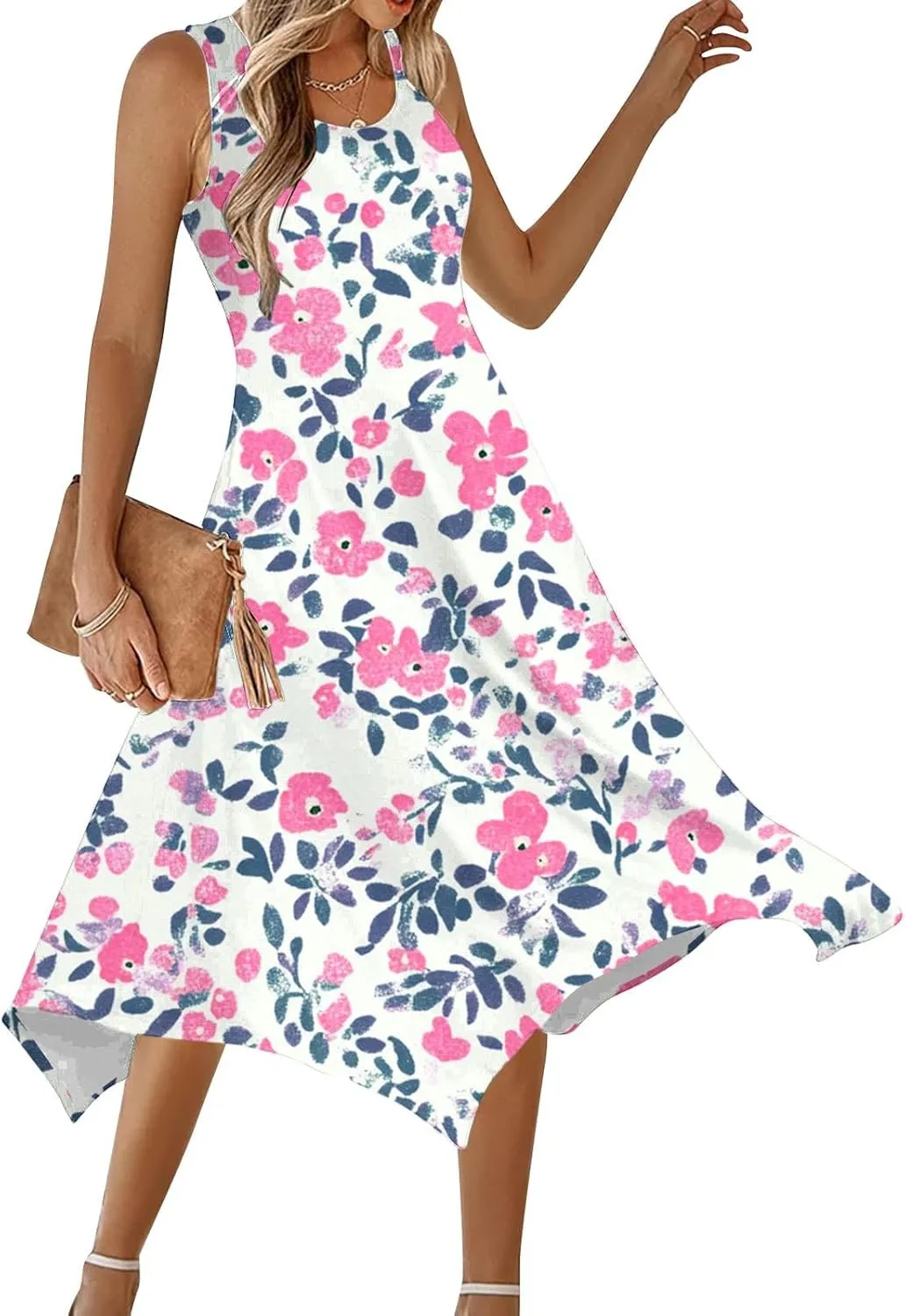 Midi Dresses for Women Summer Boho Floral Print Flowy Sleeveless Tank Dress Swing Casual Sundress Beach Vacation