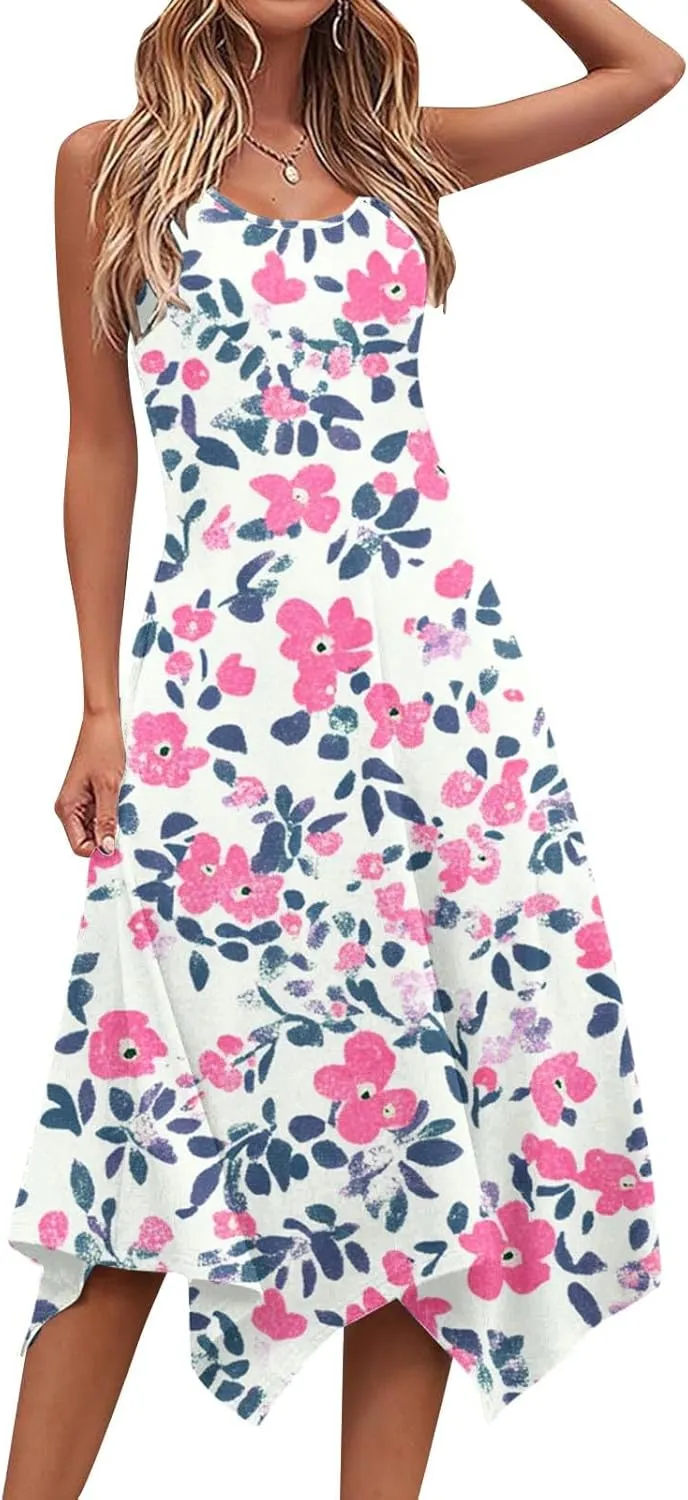 Midi Dresses for Women Summer Boho Floral Print Flowy Sleeveless Tank Dress Swing Casual Sundress Beach Vacation