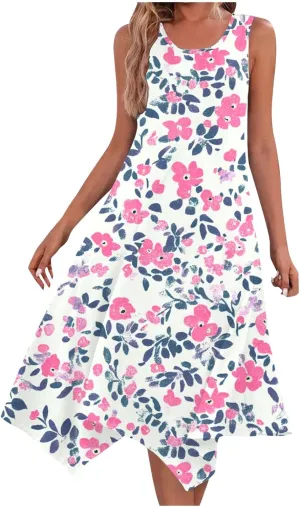 Midi Dresses for Women Summer Boho Floral Print Flowy Sleeveless Tank Dress Swing Casual Sundress Beach Vacation