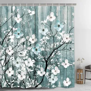 Miffrank Rustic Shower Curtain Set Blue Watercolor Flower Bath Curtain 12 Hooks Country Farm Style Fabric Wooden Background Waterproof Shower Curtains 72×72 Inches