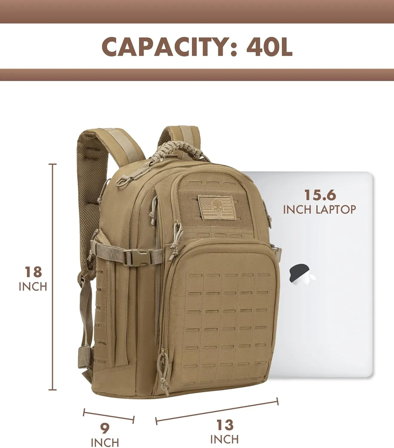 Military Tactical Backpack 40L for Men, Hiking Molle EDC Daypack Work Backpack with Water Bladder Compartment