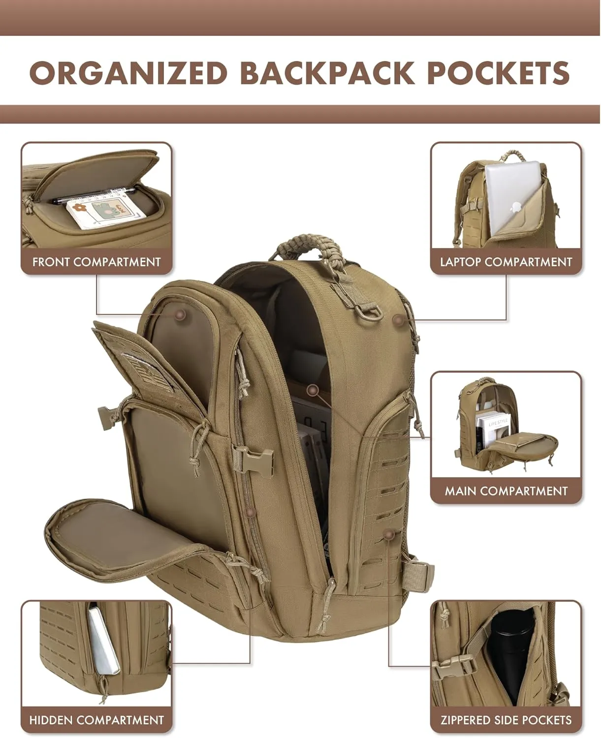 Military Tactical Backpack 40L for Men, Hiking Molle EDC Daypack Work Backpack with Water Bladder Compartment