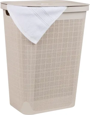 Mind Reader 60L Slim Laundry Hamper, Clothes Basket, Lid, Linen Design, Plastic, 18.25”L x 14.25”W x 23.5”H, Ivory
