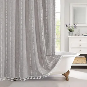 MitoVilla Boho Farmhouse Fabric Shower Curtain Set, Brown Grey Modern Cotton Linen Shower Curtains for Vintage Rustic Bathroom Decor, Country Tassel Thick Cloth Shower Curtain, 72 x 72
