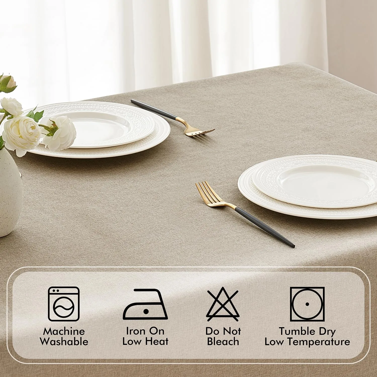 MIULEE Beige Thick Polyester Linen Rectangle Tablecloth Decorative Cutouts Waterproof Stain and Wrinkle Resistant Table Cloth Burlap Farmhouse Table Cover for Dining Party Wedding, 55 x 84 inch