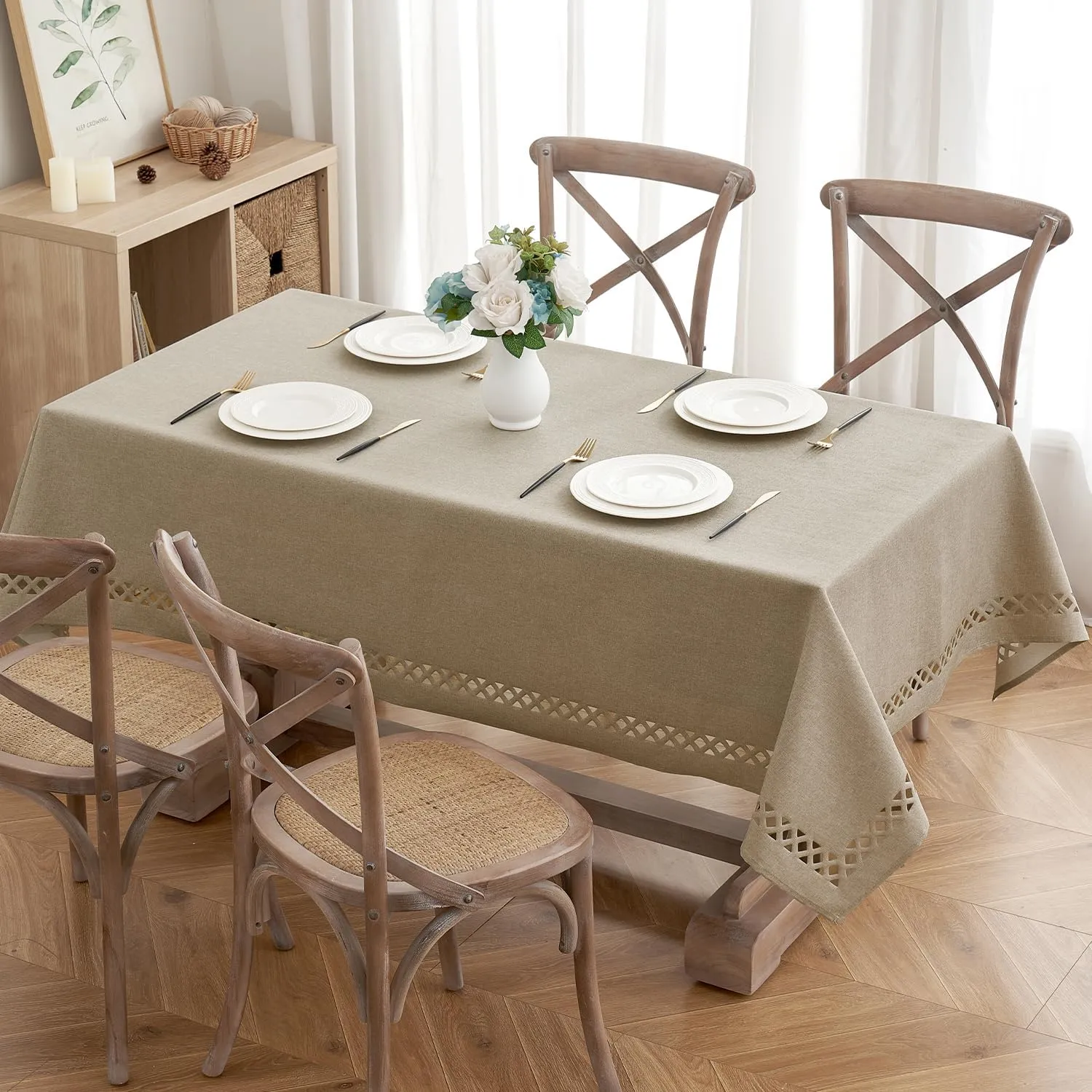 MIULEE Beige Thick Polyester Linen Rectangle Tablecloth Decorative Cutouts Waterproof Stain and Wrinkle Resistant Table Cloth Burlap Farmhouse Table Cover for Dining Party Wedding, 55 x 84 inch