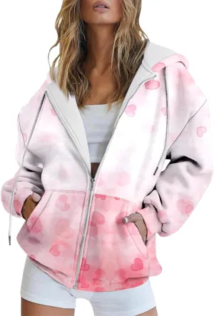 Miyaomn Valentines Day Oversized Hoodies Jacket for Women Cute Love Heart Printed Casual Long Sleeve Full Zip Sweatshirt Tops