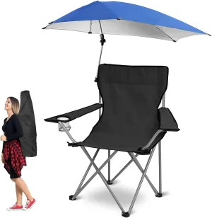 Moclever Foldable Beach Chair with Adjustable Umbrella, Wide Seat & High Backrest, Portable Camping Chair with Cup Holder & Carry Bag for Beach, Poolside, Lawn, Travel, and Outdoor Activities – Black