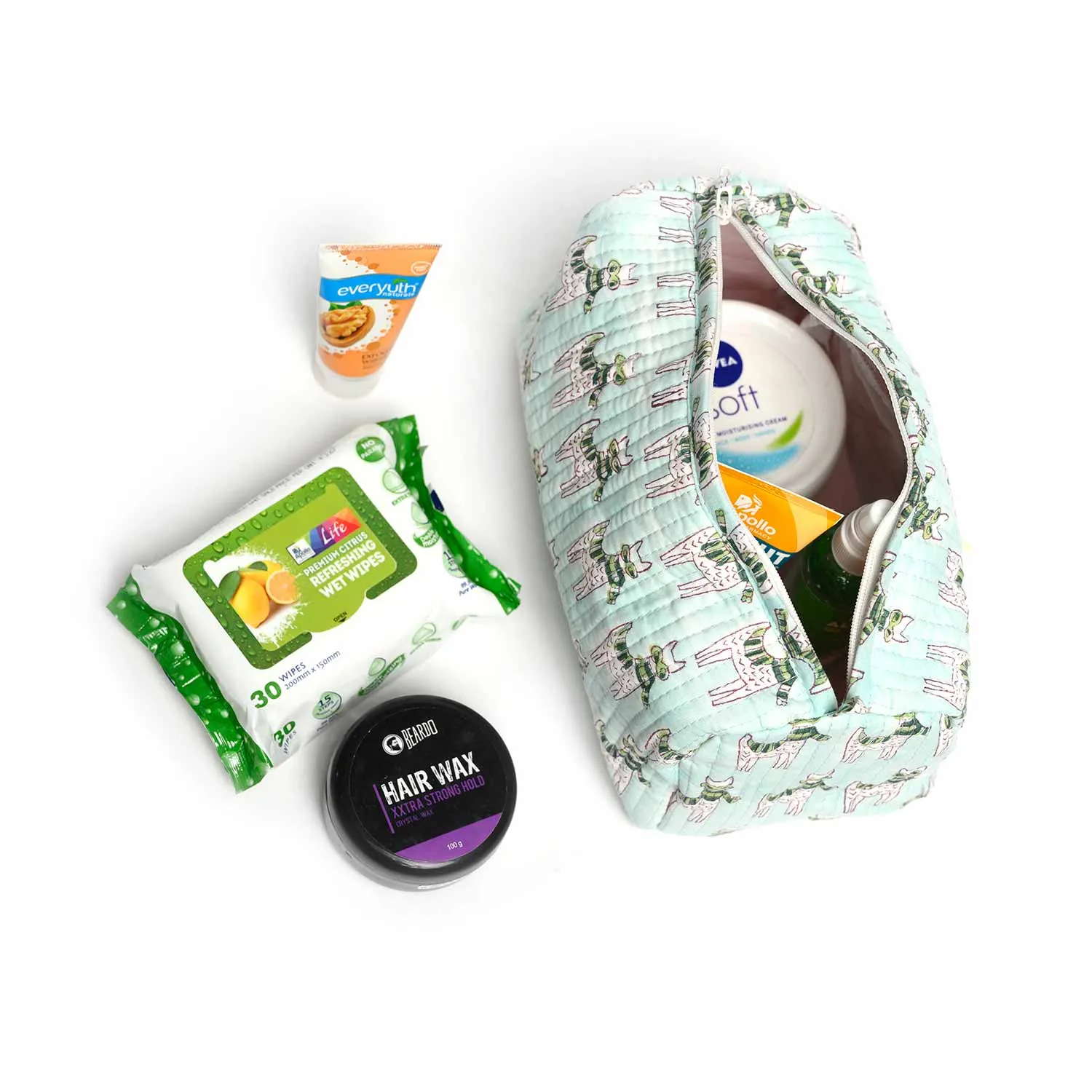 MOON WALK CAT BLUE BLOCK QUILTED TOILETRY POUCH