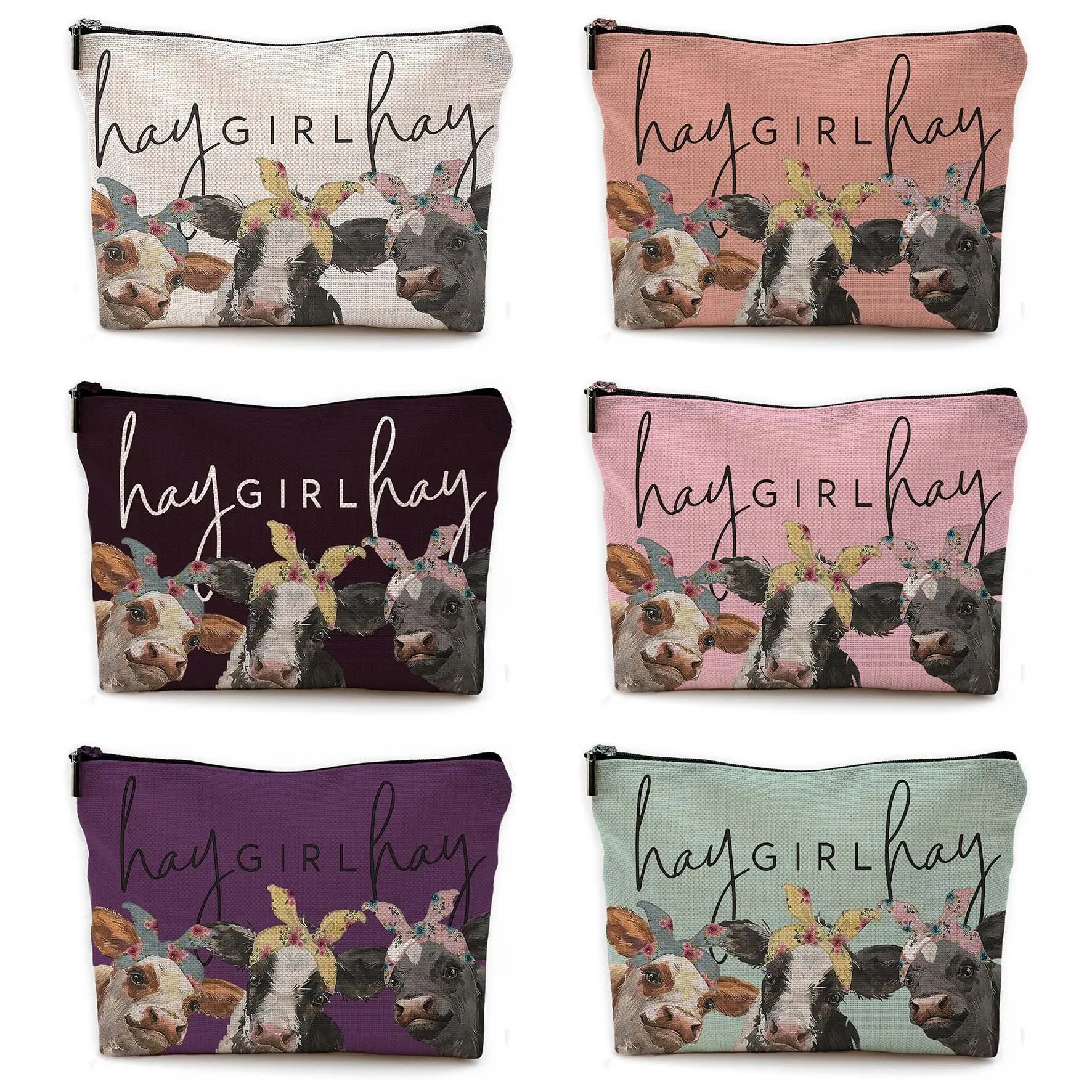 MOQ: 5PCS cow cosmetic bag double-sided printed linen cosmetic bag storage bag linen waterproof zipper bag