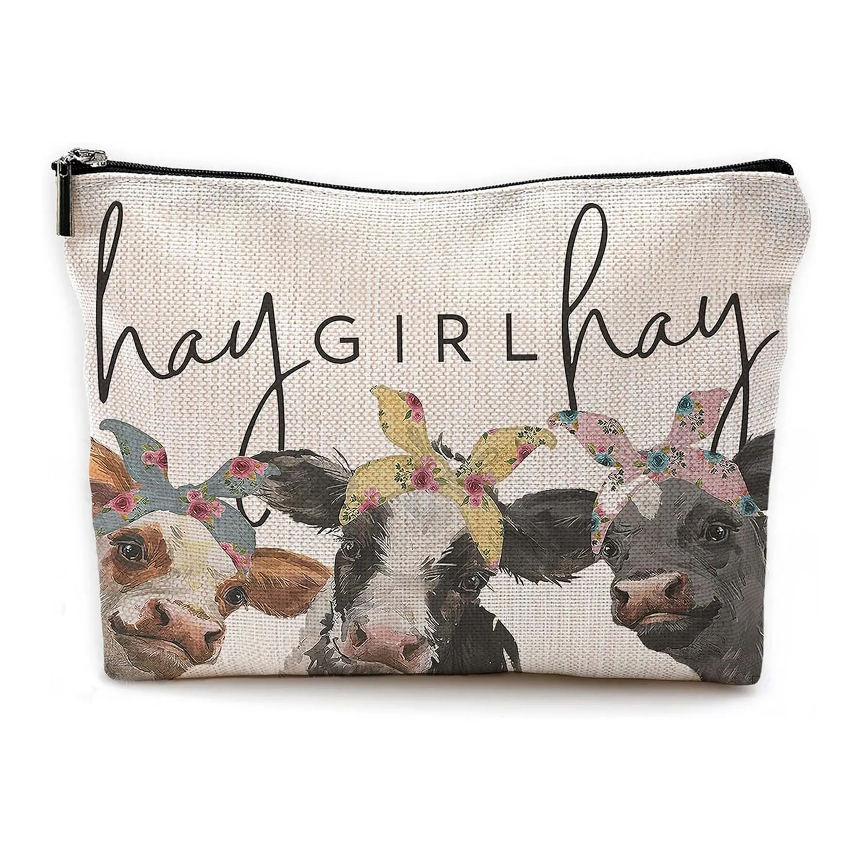 MOQ: 5PCS cow cosmetic bag double-sided printed linen cosmetic bag storage bag linen waterproof zipper bag