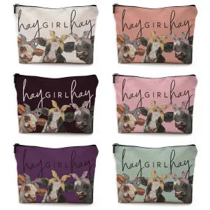 MOQ: 5PCS cow cosmetic bag double-sided printed linen cosmetic bag storage bag linen waterproof zipper bag