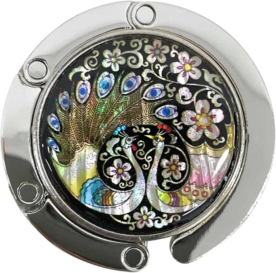 Mother of Pearl Purse Hook Magnet Clip Table Handbag Hanger Foldable Table Holder (Peacock)