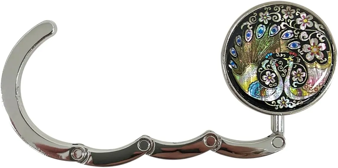 Mother of Pearl Purse Hook Magnet Clip Table Handbag Hanger Foldable Table Holder (Peacock)