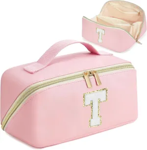 Mothers Day Gifts - Initial Makeup Bag for Teen Girl Gifts Trendy Stuff - Travel Cosmetic Bags for Women - PU Leather Toiletry Bag Make Up Pouch - Personalized Skincare Bag Birthday Gifts - Pink T