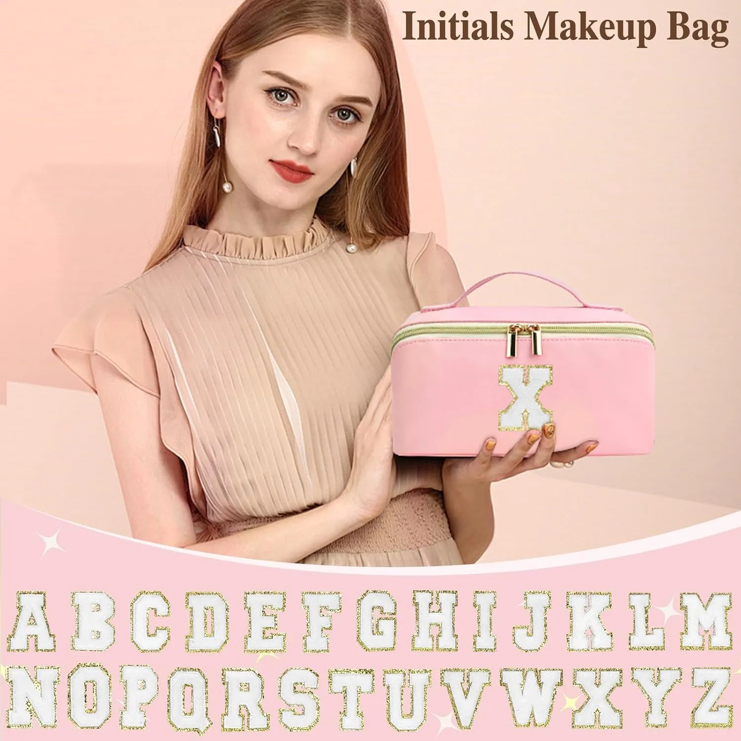 Mothers Day Gifts - Initial Makeup Bag for Teen Girl Gifts Trendy Stuff - Travel Cosmetic Bags for Women - PU Leather Toiletry Bag Make Up Pouch - Personalized Skincare Bag Birthday Gifts - Pink T