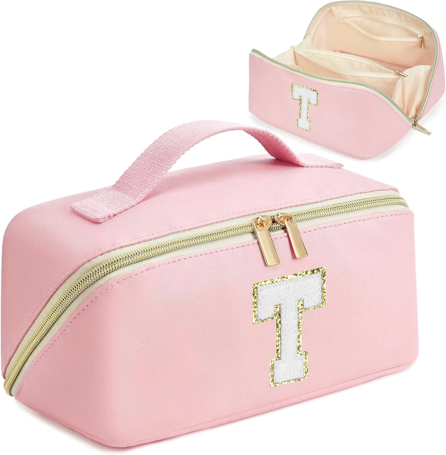 Mothers Day Gifts - Initial Makeup Bag for Teen Girl Gifts Trendy Stuff - Travel Cosmetic Bags for Women - PU Leather Toiletry Bag Make Up Pouch - Personalized Skincare Bag Birthday Gifts - Pink T