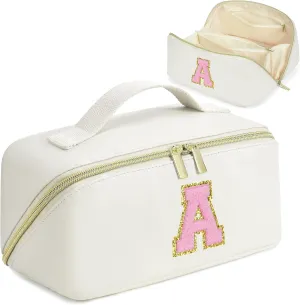 Mothers Day Gifts - Initial Makeup Bag for Teen Girl Gifts Trendy Stuff - Travel Cosmetic Bags for Women - PU Leather Toiletry Bag Make Up Pouch - Personalized Skincare Bag Birthday Gifts - White A