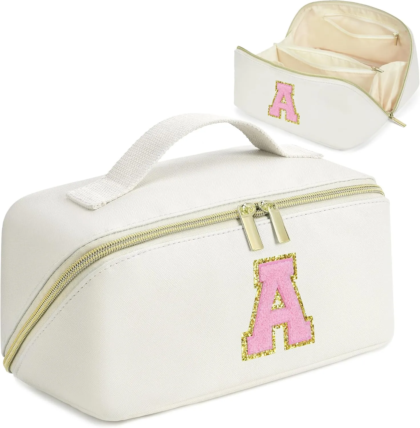 Mothers Day Gifts - Initial Makeup Bag for Teen Girl Gifts Trendy Stuff - Travel Cosmetic Bags for Women - PU Leather Toiletry Bag Make Up Pouch - Personalized Skincare Bag Birthday Gifts - White A