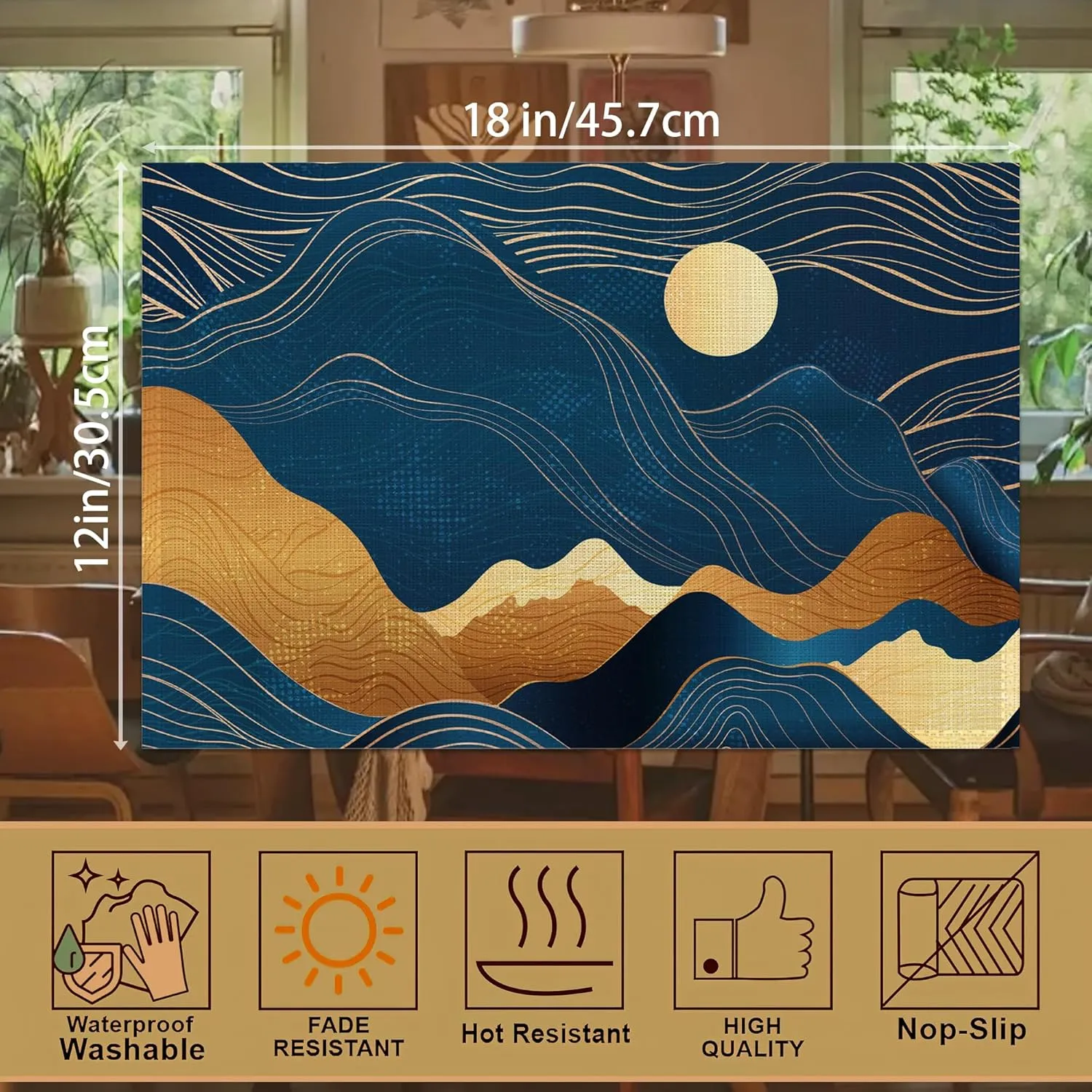 Mountains Sun Nature Scenery Placemats Set of 6, 12x18 Inch Waterproof Stain Resistant Linen Table Placemats Summer Seasonal Farmhouse Kitchen Party Decor Home Decor
