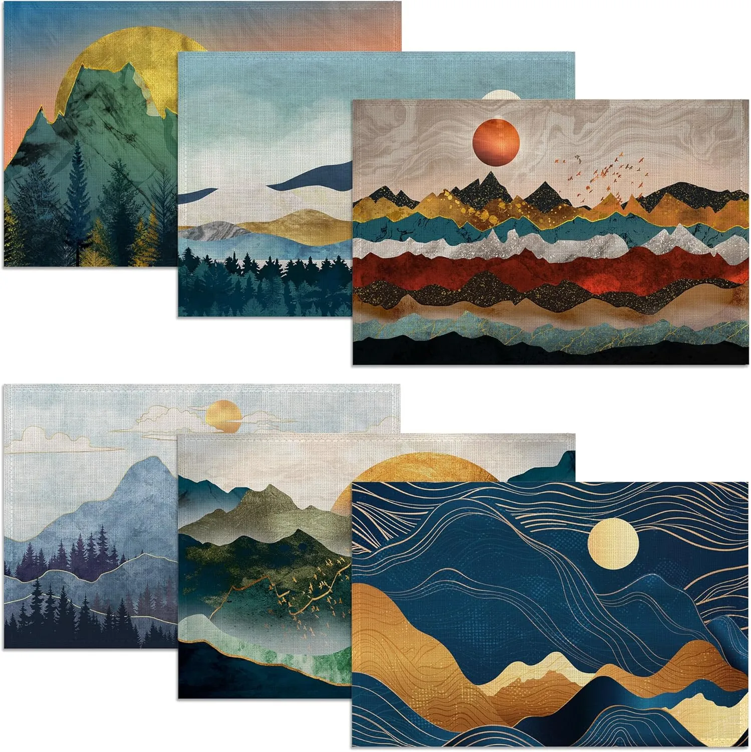 Mountains Sun Nature Scenery Placemats Set of 6, 12x18 Inch Waterproof Stain Resistant Linen Table Placemats Summer Seasonal Farmhouse Kitchen Party Decor Home Decor