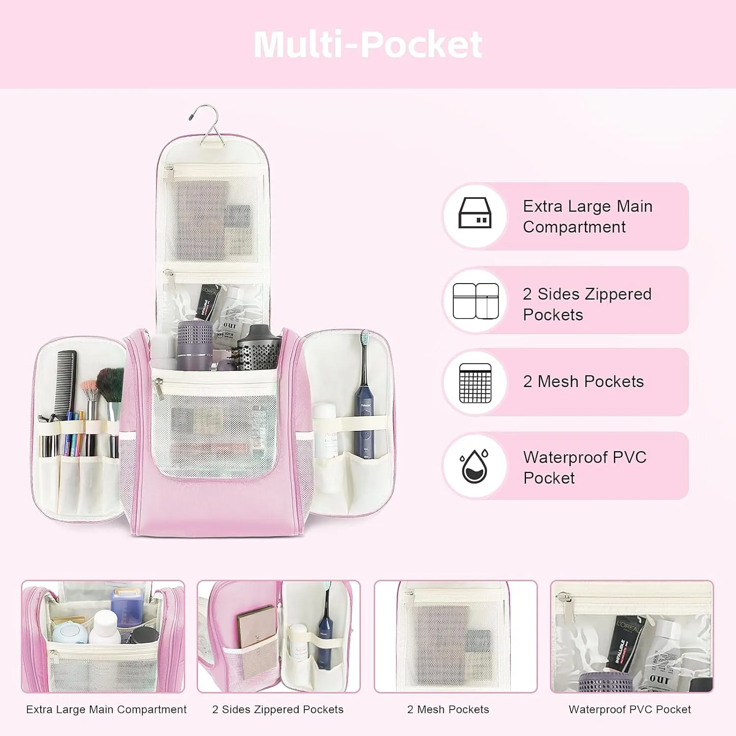 MULISOFT Travel Toiletry Bag for Women & Man, Extra Large Toiletry Bag, Portable Hanging Toiletries Bag, Water Resistant Dopp Kit for Toiletries, Cosmetics, Big Comparment Travel Makeup Bag, Pink