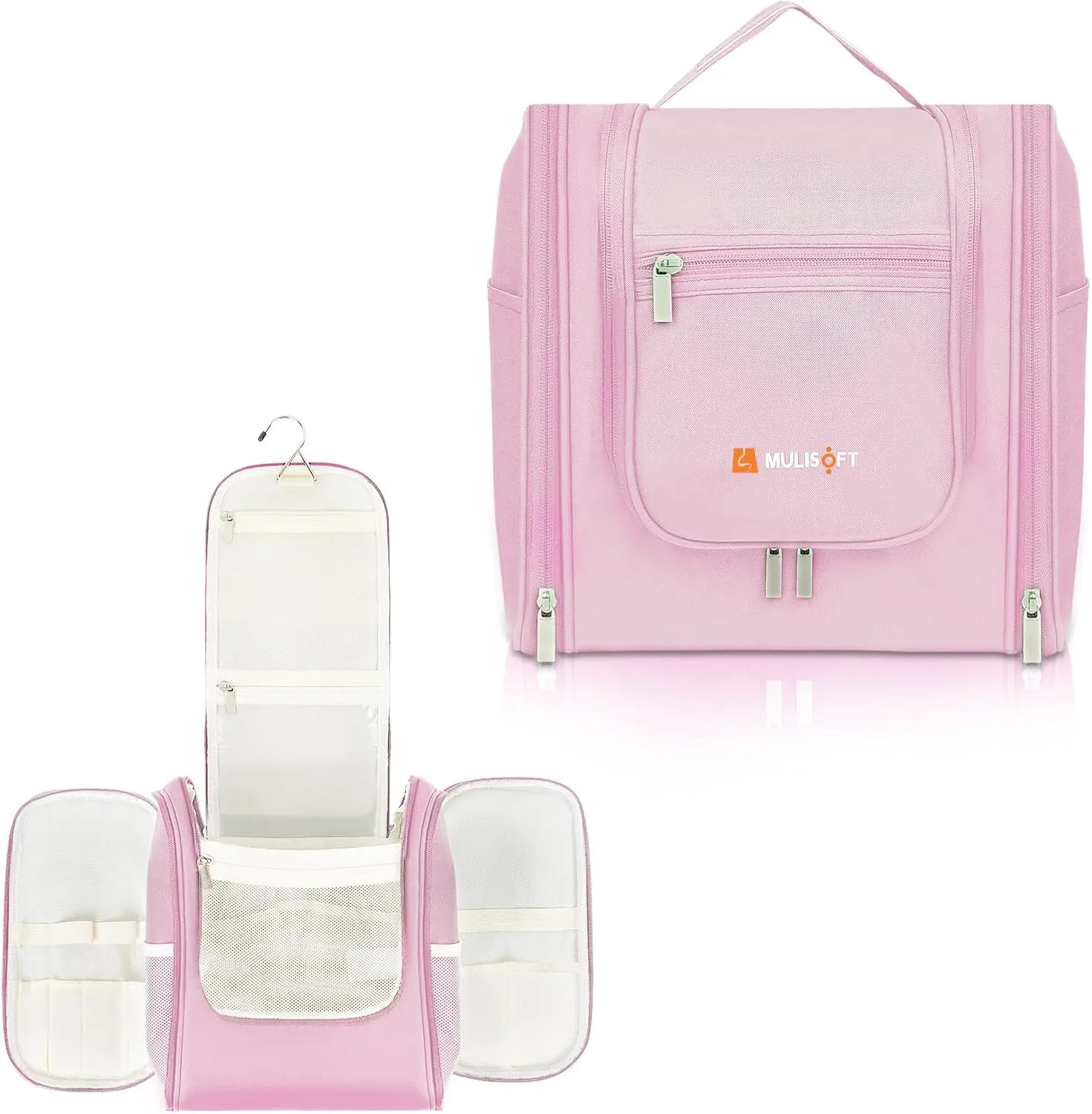 MULISOFT Travel Toiletry Bag for Women & Man, Extra Large Toiletry Bag, Portable Hanging Toiletries Bag, Water Resistant Dopp Kit for Toiletries, Cosmetics, Big Comparment Travel Makeup Bag, Pink