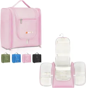 MULISOFT Travel Toiletry Bag for Women & Man, Extra Large Toiletry Bag, Portable Hanging Toiletries Bag, Water Resistant Dopp Kit for Toiletries, Cosmetics, Big Comparment Travel Makeup Bag, Pink
