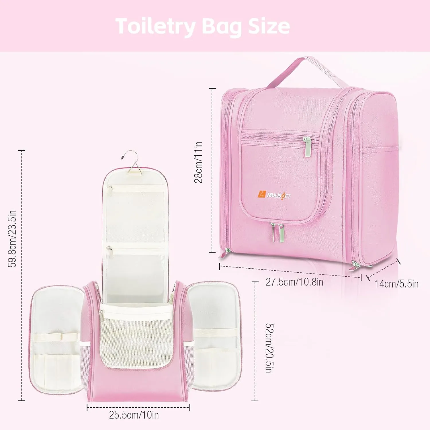 MULISOFT Travel Toiletry Bag for Women & Man, Extra Large Toiletry Bag, Portable Hanging Toiletries Bag, Water Resistant Dopp Kit for Toiletries, Cosmetics, Big Comparment Travel Makeup Bag, Pink