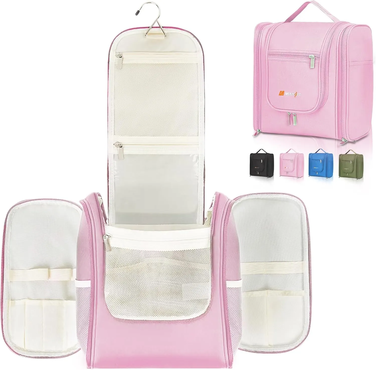 MULISOFT Travel Toiletry Bag for Women & Man, Extra Large Toiletry Bag, Portable Hanging Toiletries Bag, Water Resistant Dopp Kit for Toiletries, Cosmetics, Big Comparment Travel Makeup Bag, Pink