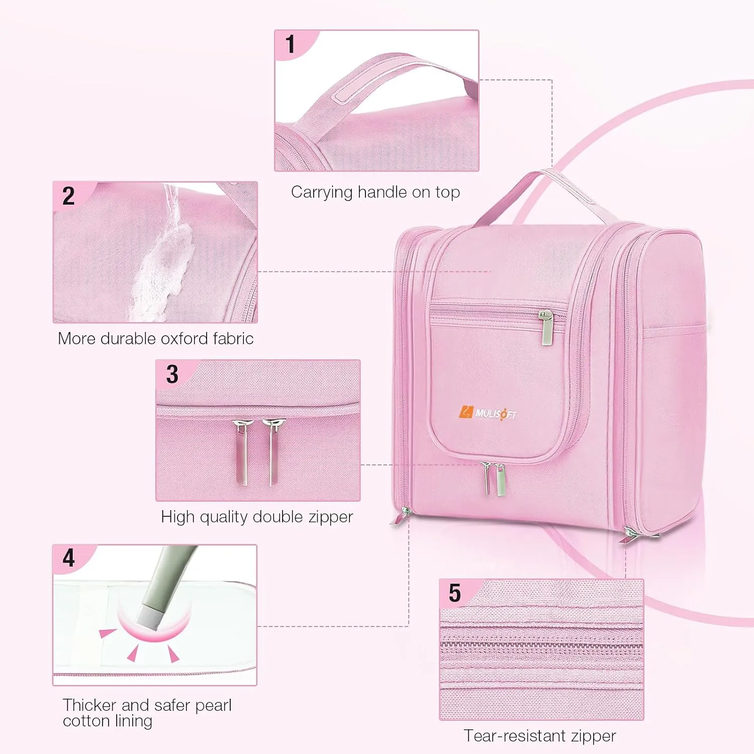 MULISOFT Travel Toiletry Bag for Women & Man, Extra Large Toiletry Bag, Portable Hanging Toiletries Bag, Water Resistant Dopp Kit for Toiletries, Cosmetics, Big Comparment Travel Makeup Bag, Pink