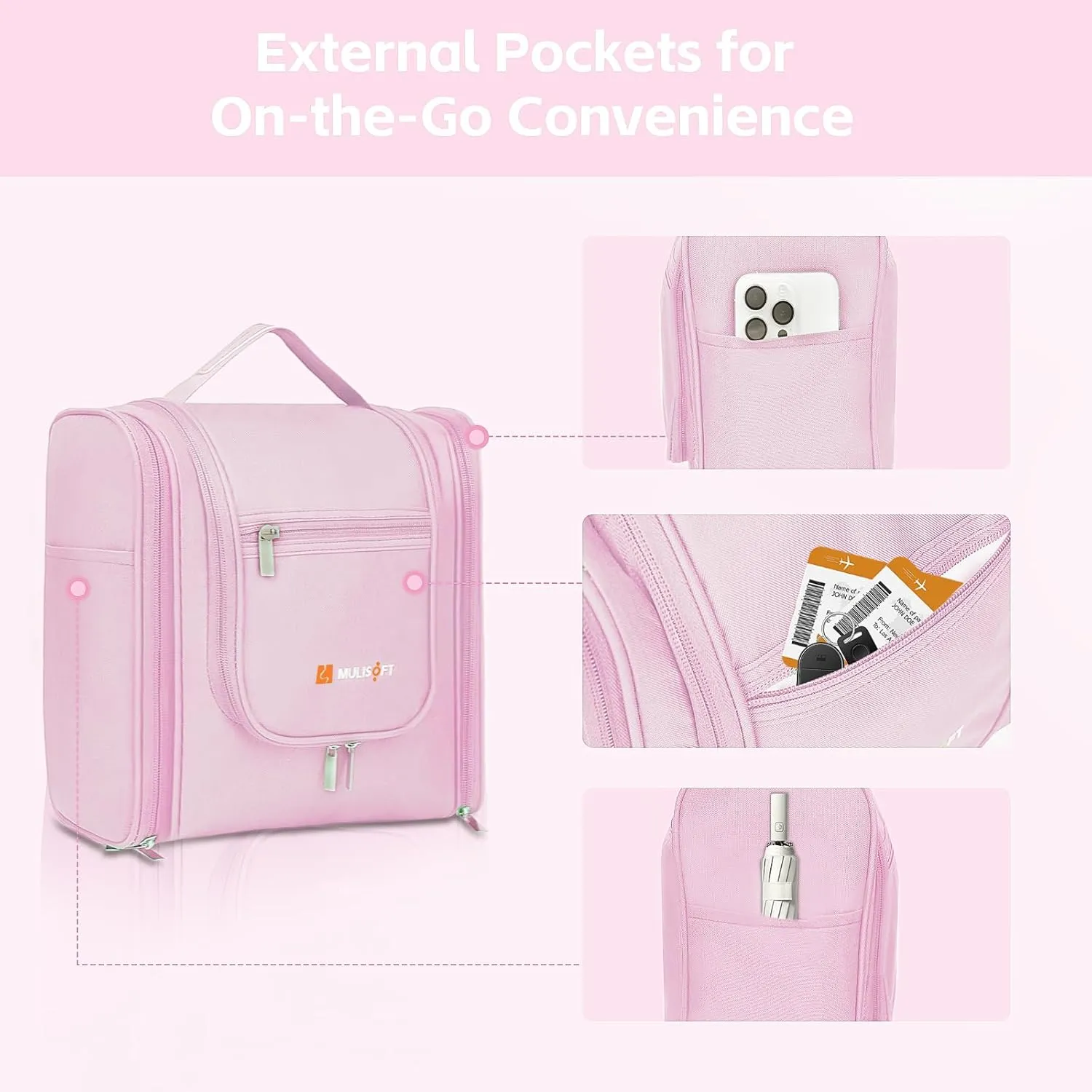 MULISOFT Travel Toiletry Bag for Women & Man, Extra Large Toiletry Bag, Portable Hanging Toiletries Bag, Water Resistant Dopp Kit for Toiletries, Cosmetics, Big Comparment Travel Makeup Bag, Pink