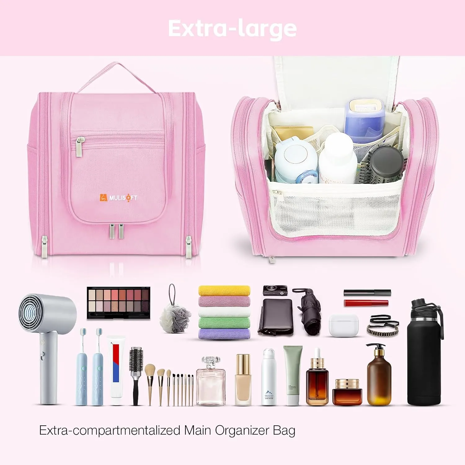 MULISOFT Travel Toiletry Bag for Women & Man, Extra Large Toiletry Bag, Portable Hanging Toiletries Bag, Water Resistant Dopp Kit for Toiletries, Cosmetics, Big Comparment Travel Makeup Bag, Pink