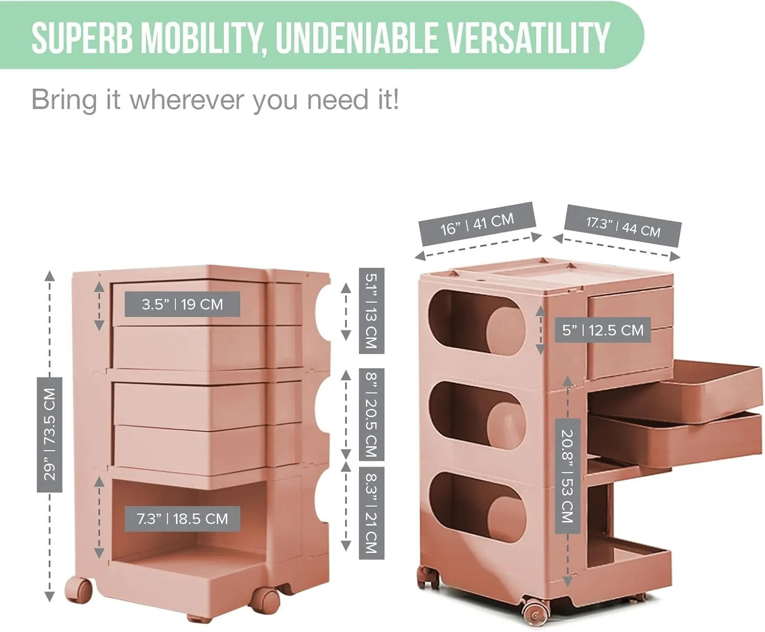 Multipurpose Utility Storage Cart - Ultra Storage Caddy with Wheels and Swing Out Drawers - Designer Home Trolley Cart - Caddy for Salon, Kitchen Bathroom Portable Cabinet - Sakura Peach