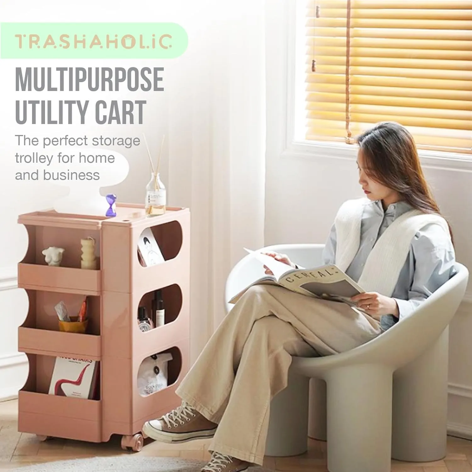 Multipurpose Utility Storage Cart - Ultra Storage Caddy with Wheels and Swing Out Drawers - Designer Home Trolley Cart - Caddy for Salon, Kitchen Bathroom Portable Cabinet - Sakura Peach