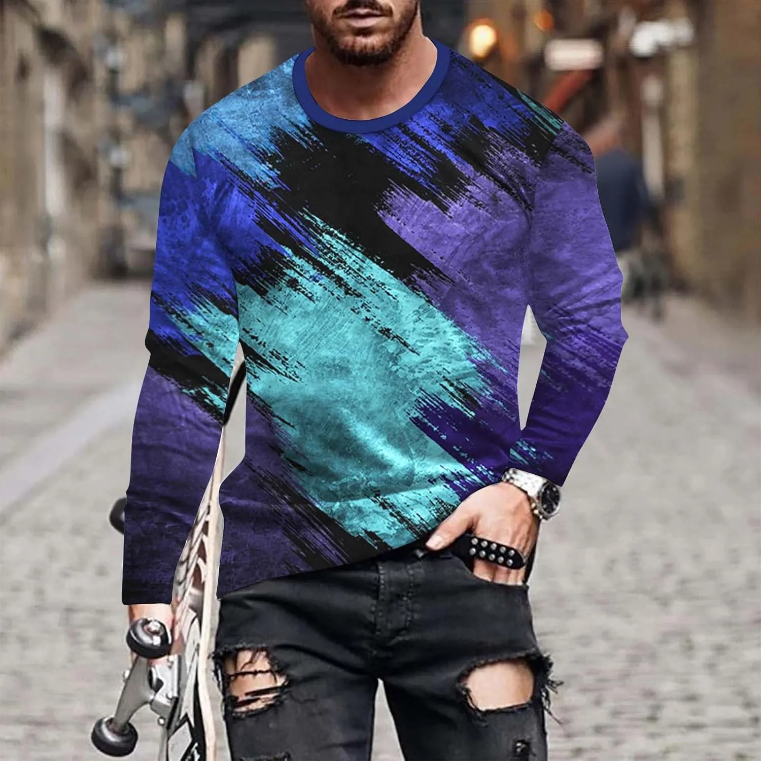 Muscularfit Crewneck Sweatshirt for Men 2024 Fashion Long Sleeve Contrast Color Pullover Blouse Casual Stylish Athletic Shirt