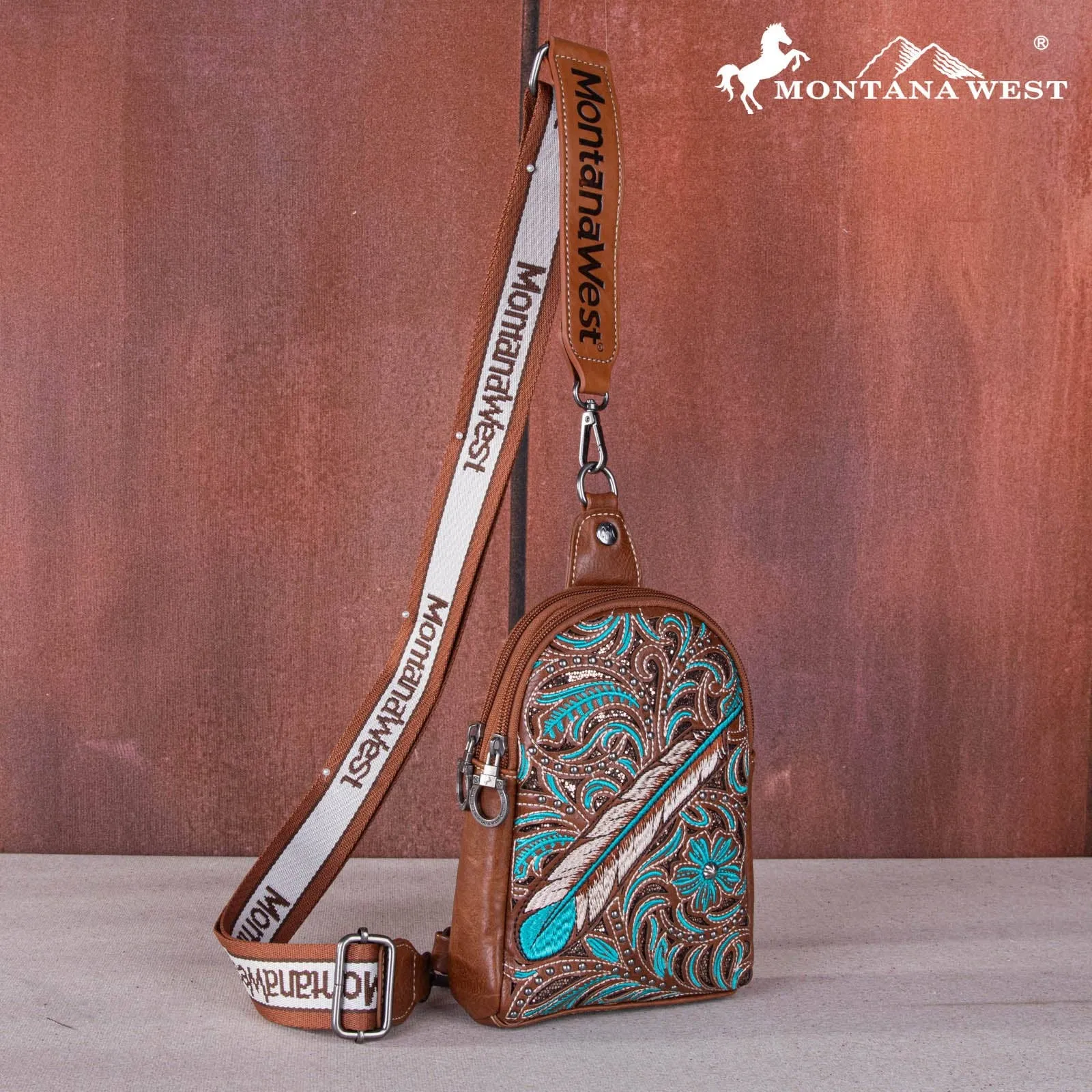 MW1133-210  Montana West Embroidered Feather Cut-Out Floral Sling Bag