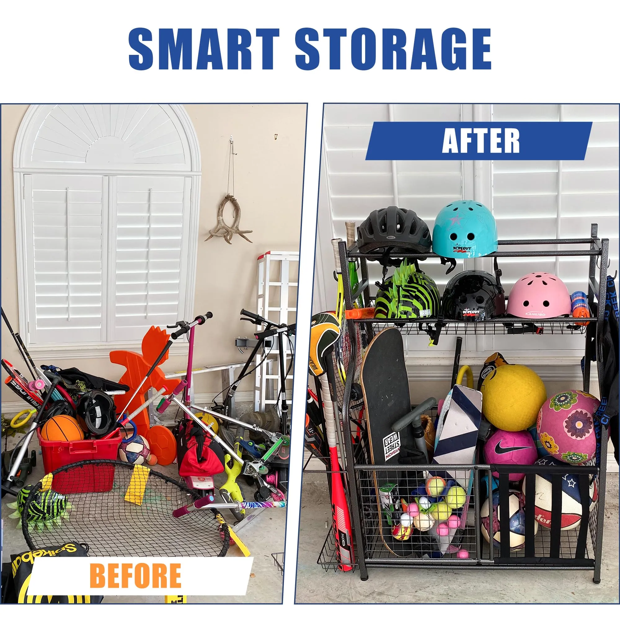 Mythinglogic Sports Equipment Organizer, Large Capacity Storage With Hooks and Baskets, Ball and Toy Organizer for Garage