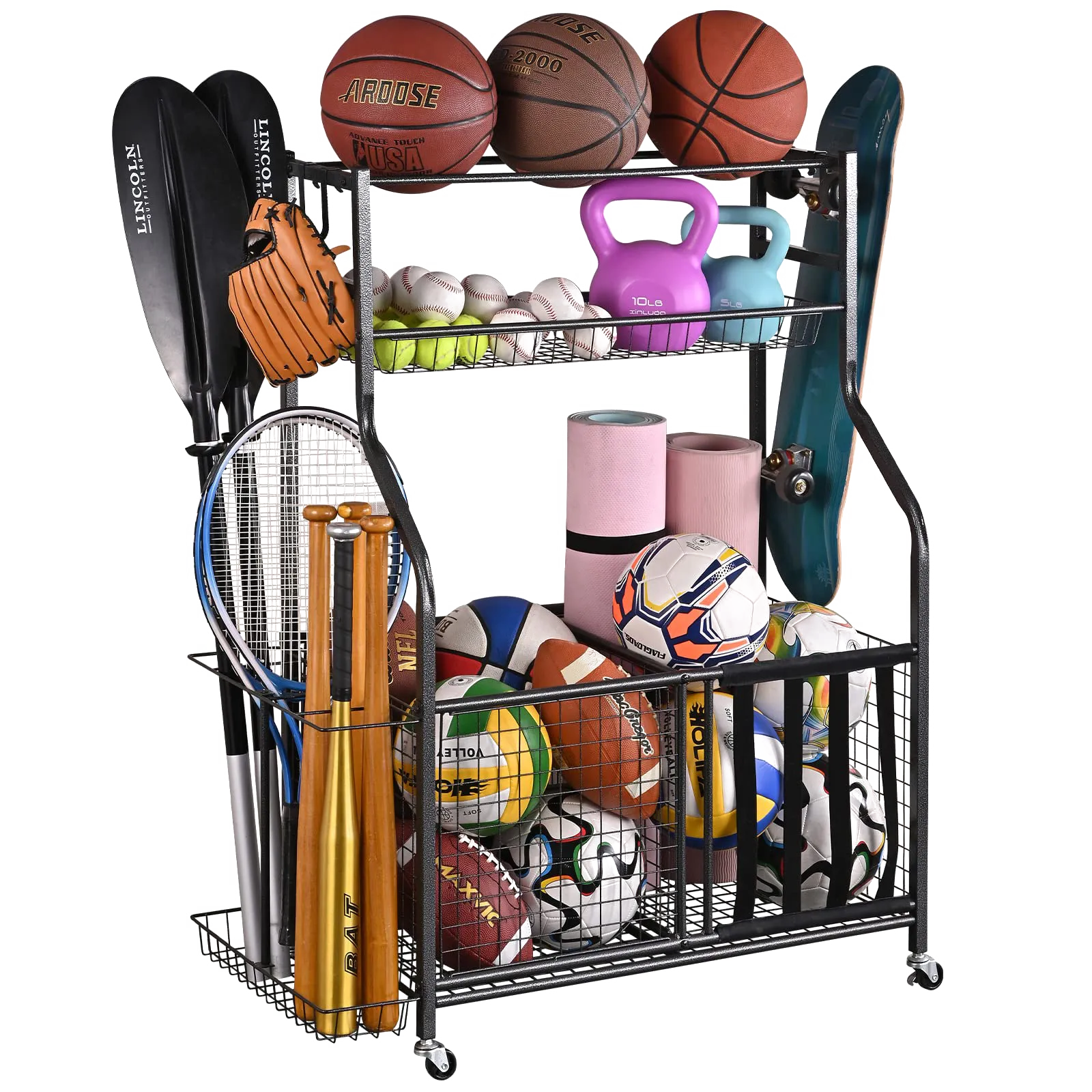 Mythinglogic Sports Equipment Organizer, Large Capacity Storage With Hooks and Baskets, Ball and Toy Organizer for Garage