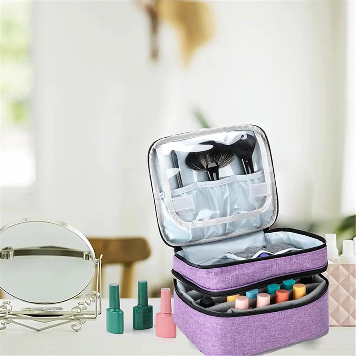 Nail Polish Storage Bag Portable Double-Layer Bag For Nail Polish Holds 30 Bottles Holder Storage Bag For Nail Varnish And Manicure Set(Purple)