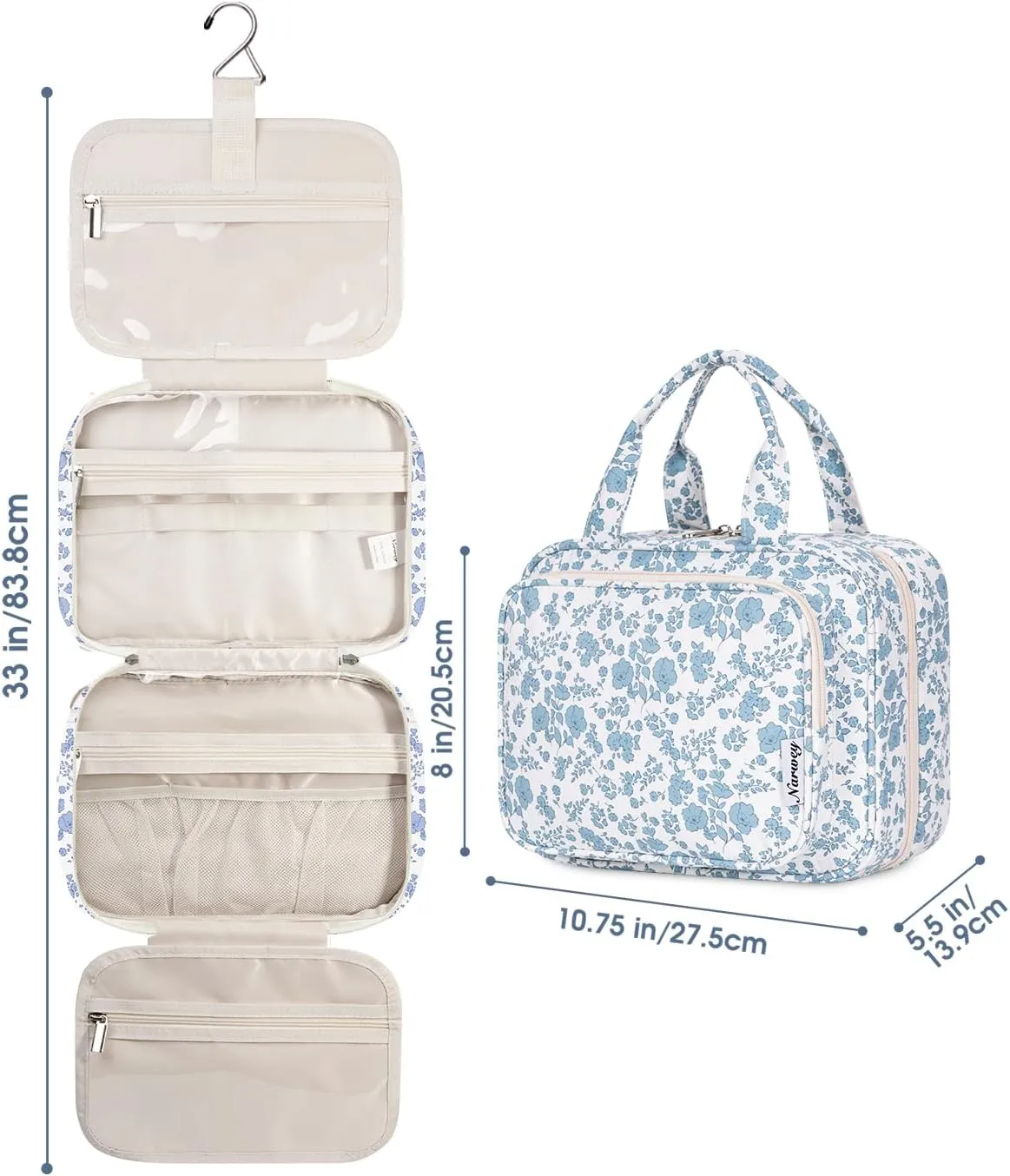 Narwey Hanging Floral Toiletry Bag for Women Travel Makeup Bag Organizer Toiletries Bag for Travel Size Essentials Accessories Cosmetics (Little Blue Flower (Medium))