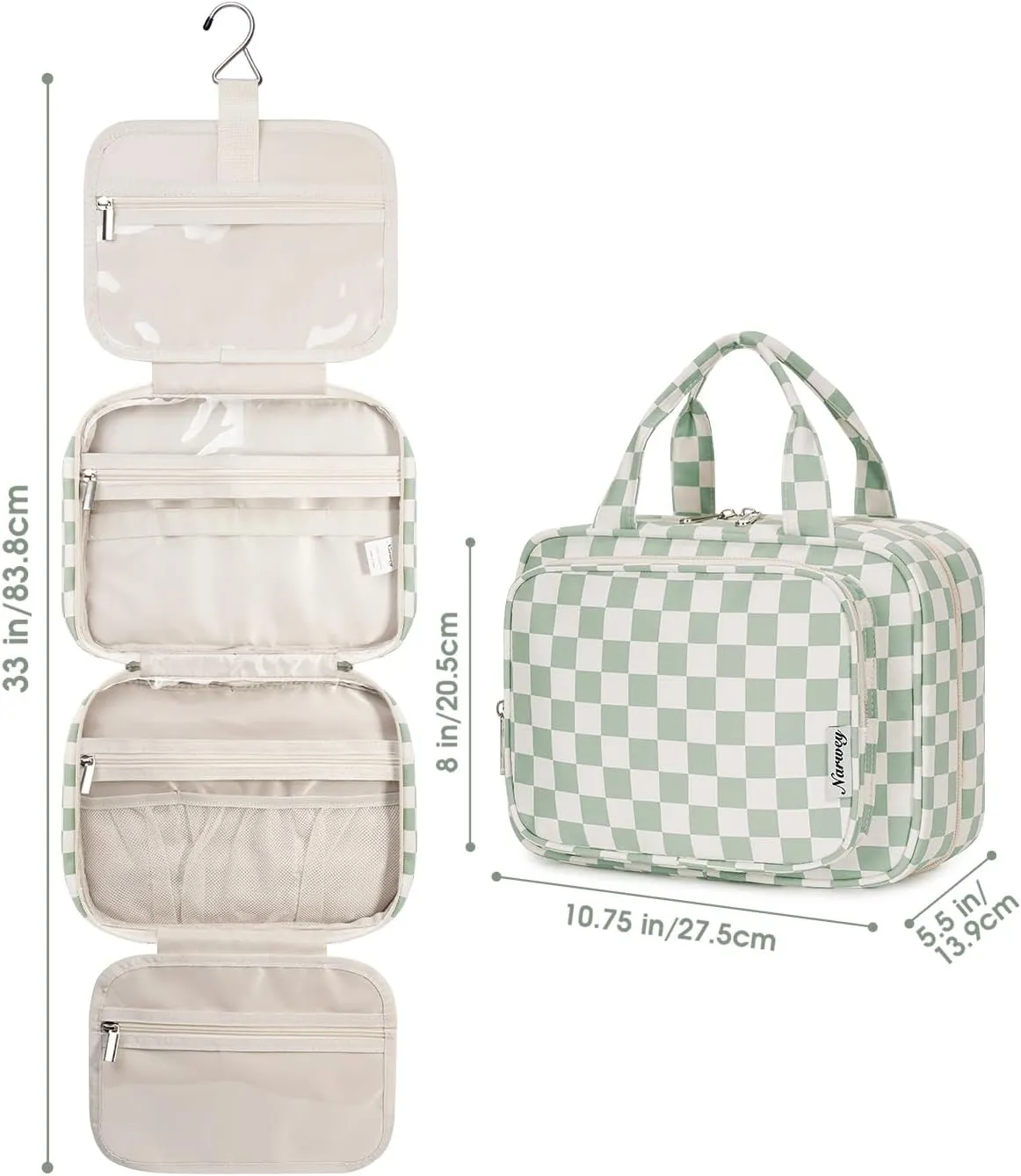 Narwey Hanging Toiletry Bag for Women Travel Checkered Makeup Bag Organizer Toiletries Bag for Travel Size Essentials Accessories Cosmetics (Mint Green Checkerboard (Medium))