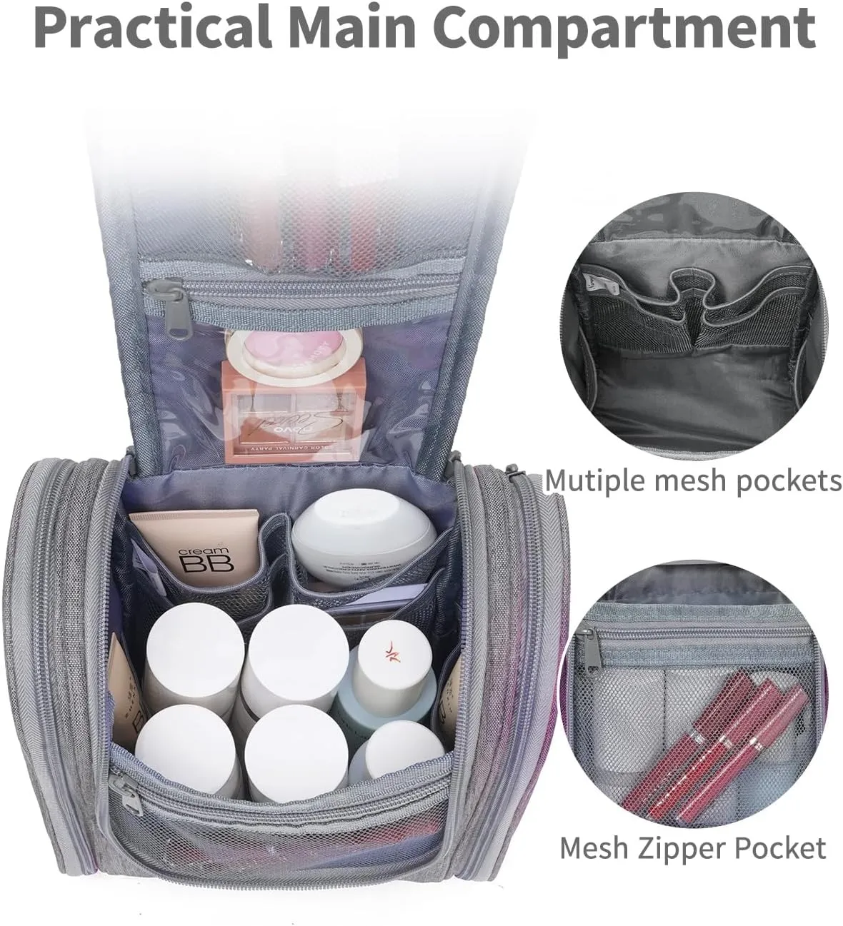 Narwey Small Hanging Travel Toiletry Bag Cosmetic Make up Organizer for Women and Men (Medium, Grey)