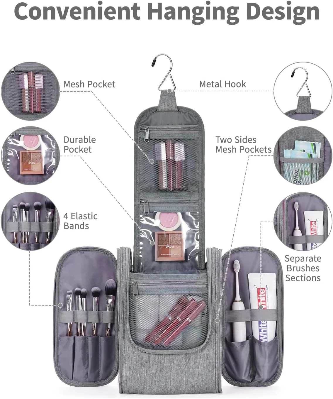 Narwey Small Hanging Travel Toiletry Bag Cosmetic Make up Organizer for Women and Men (Medium, Grey)