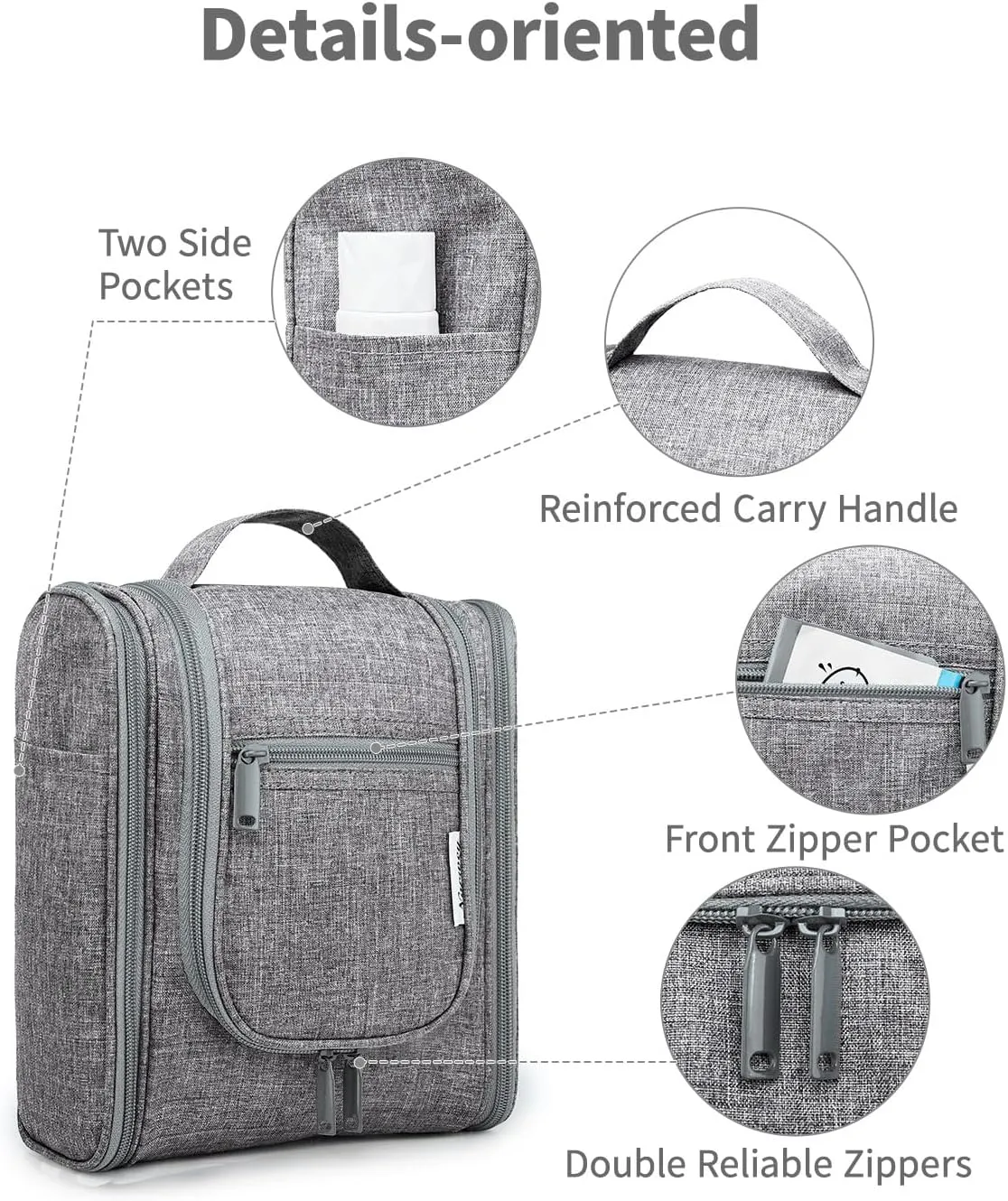 Narwey Small Hanging Travel Toiletry Bag Cosmetic Make up Organizer for Women and Men (Medium, Grey)