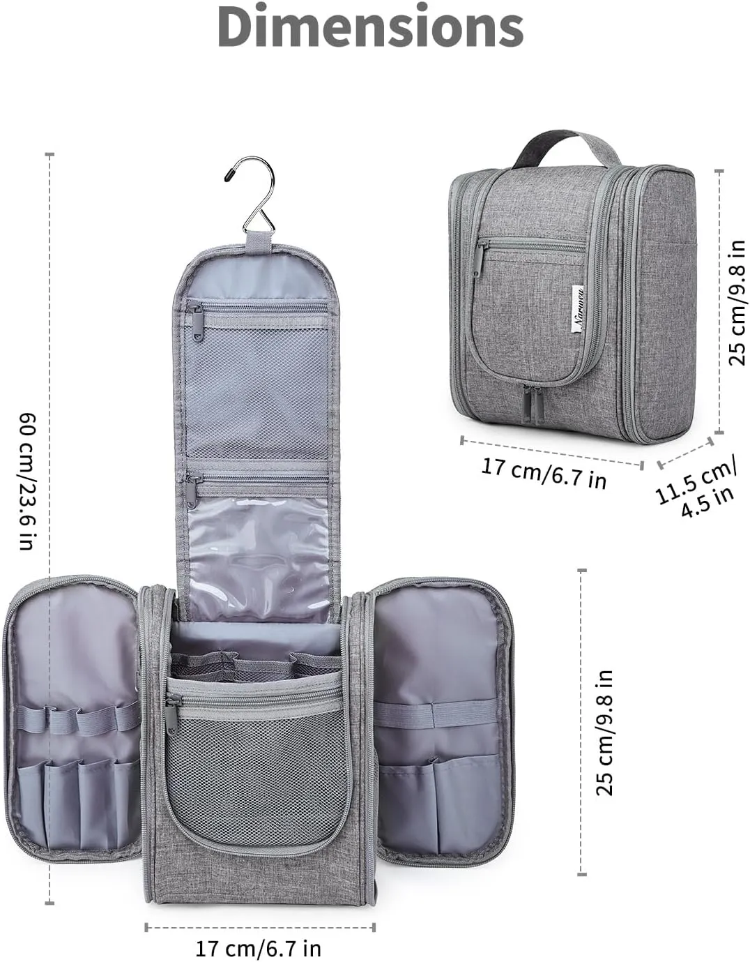 Narwey Small Hanging Travel Toiletry Bag Cosmetic Make up Organizer for Women and Men (Medium, Grey)