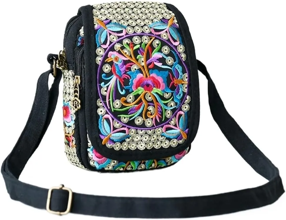 National Style Embroidery Crossbody Bag Square Canvas Bag With Double-sided Zipper Design