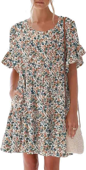 nclook Womens Summer Casual Dresses Sweet Cute Crew Neck Mini Dress with Pockets Ruffle Short Sleeve